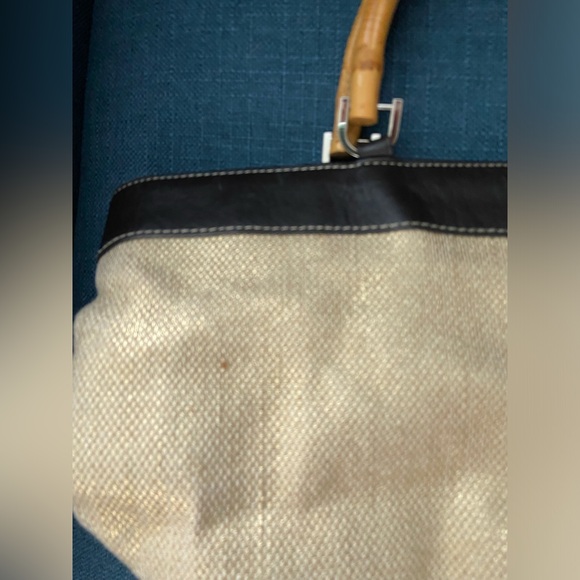 Kate Landry Woven Mettalic Straw Tote Leather Trim & Dual Bamboo Handles Bag - Picture 12 of 12